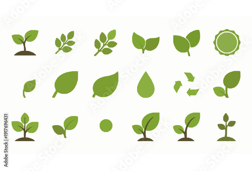 Green leaf ecology icon set flat nature environmental plant symbols vector collection