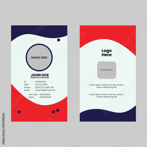 Modern Corporate ID Card Template with Vertical Layout and Blue-Red Geometric Accents.