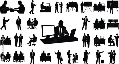 Business professionals perform various office.
