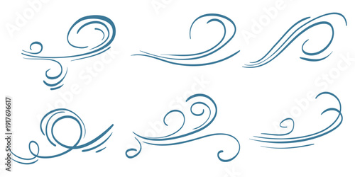hand drawn set wind doodle blow, gust design isolated on white background