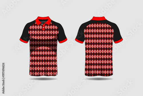 Black and Red Patterned Polo Shirt.