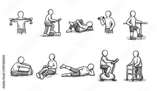 Set of simple black and white illustrations depicting stick figures doing various physical therapy exercises. Good for medical, healthcare, rehab clinics, and fitness related content.