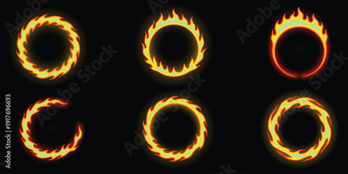 Fiery Ring Elements: A dynamic array of vibrant, fiery rings, each one a mesmerizing display of glowing flames. perfect for conveying energy and motion. 