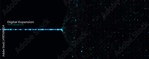Digital data expansion background with glowing blue line connecting abstract AI network grid, perfect for big data dashboards, tech slides, web headers. Big data networks concept. Vector illustration