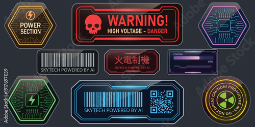 Tech Warning Signs: A collection of warning signs and labels showcasing a futuristic tech aesthetic.