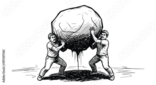 Teamwork pushing heavy stone effort concept