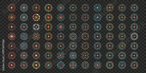 Abstract Futuristic Technology: A mesmerizing collection of vibrant circular designs, suggesting interconnectedness and data visualization within a high-tech context.