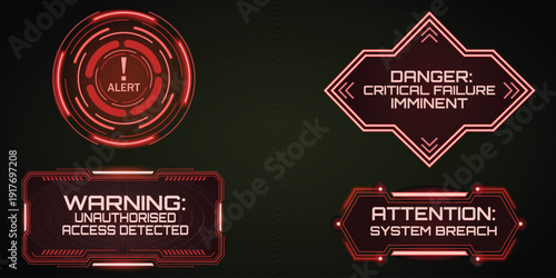 Digital Warning: A collection of warning and alert indicators illuminate with a striking red glow, conveying messages of danger, system breaches, and critical failures within a high-tech interface.