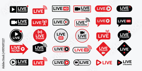 Live Streaming Badges: A diverse collection of modern, bold, and stylish live streaming badges, perfect for enhancing online content with a professional touch. 