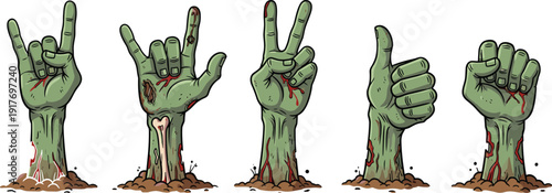 Zombie hands emerging from ground with different gestures green dirt