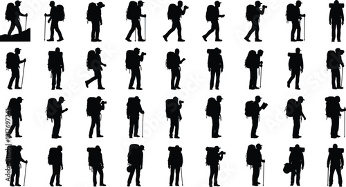 Hiker silhouettes show various walking.