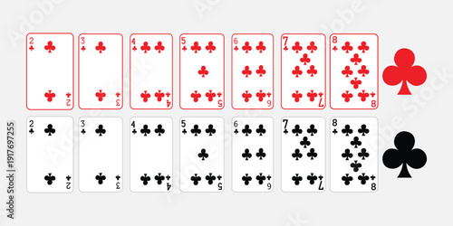 Poker Deck in Red and Black: A poker deck showcases a sequence of cards featuring both red and black clubs, creating a striking visual composition.