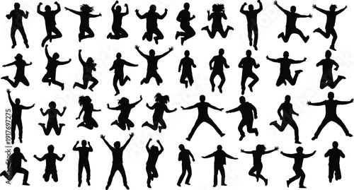 Energetic people jump with arms spread wide.