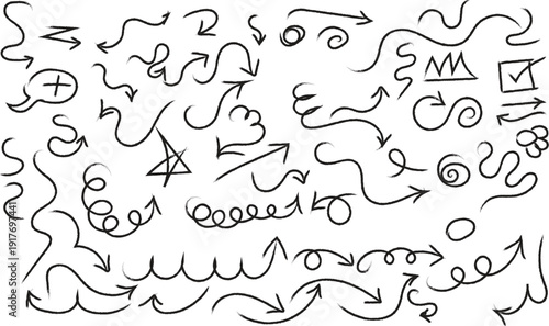 A complex composition of hand drawn symbols arrows and shapes on a white background