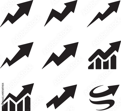 Collection of upward trending zigzag arrows and business growth graph icons, black vector set