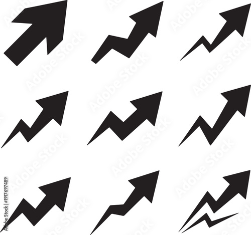 Collection of upward trending zigzag arrows and business growth graph icons, black vector set