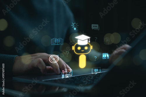 Fotografie Student using AI powered e-learning assistant on laptop