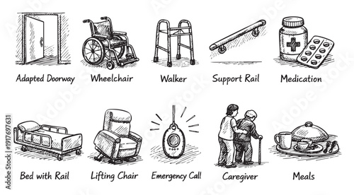 A hand-drawn sketch illustration of senior care and assisted living icons including a wheelchair, walker, caregiver, and medication. Suitable for healthcare, geriatrics, and home care.
