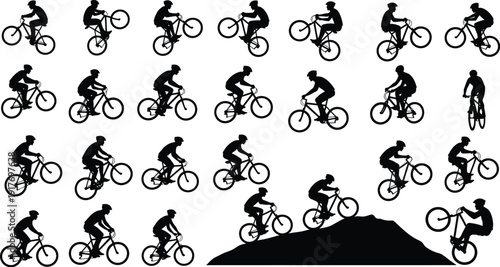 Mountain biker silhouettes illustrate dynamic.