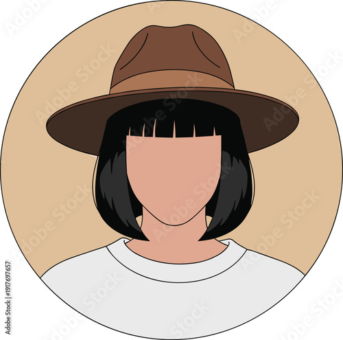 Woman wearing brown hat and white shirt with black hair and bangs