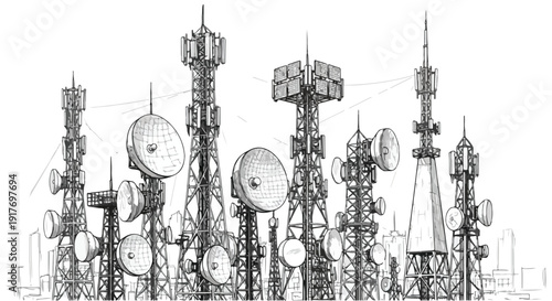 Global communication tower technology sketch art