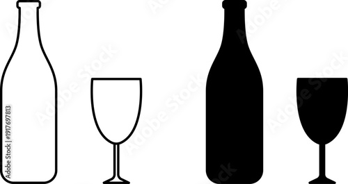 Glass Bottle icons set. Shot glass, tumbler, mug, wine glass, flute and bottle vector black silhouette collection. Drink glasses. Alcoholic cocktails icons set for restaurant, pub, bar logo