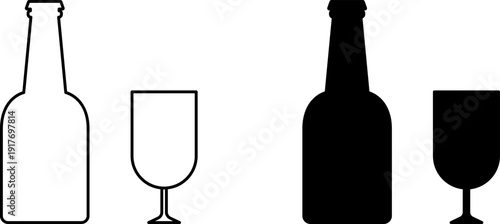 Glass Bottle icons set. Shot glass, tumbler, mug, wine glass, flute and bottle vector black silhouette collection. Drink glasses. Alcoholic cocktails icons set for restaurant, pub, bar logo