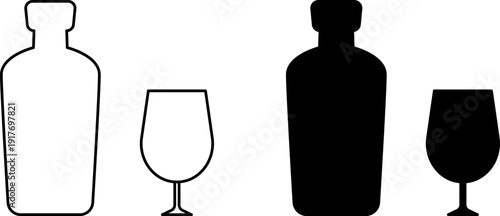 Glass Bottle icons set. Shot glass, tumbler, mug, wine glass, flute and bottle vector black silhouette collection. Drink glasses. Alcoholic cocktails icons set for restaurant, pub, bar logo