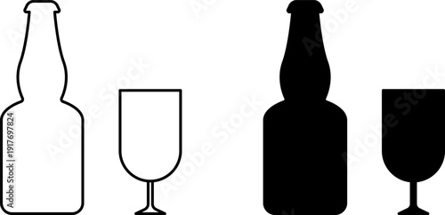 Glass Bottle icons set. Shot glass, tumbler, mug, wine glass, flute and bottle vector black silhouette collection. Drink glasses. Alcoholic cocktails icons set for restaurant, pub, bar logo