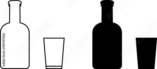 Glass Bottle icons set. Shot glass, tumbler, mug, wine glass, flute and bottle vector black silhouette collection. Drink glasses. Alcoholic cocktails icons set for restaurant, pub, bar logo