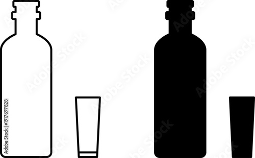Glass Bottle icons set. Shot glass, tumbler, mug, wine glass, flute and bottle vector black silhouette collection. Drink glasses. Alcoholic cocktails icons set for restaurant, pub, bar logo