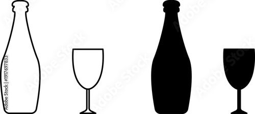 Glass Bottle icons set. Shot glass, tumbler, mug, wine glass, flute and bottle vector black silhouette collection. Drink glasses. Alcoholic cocktails icons set for restaurant, pub, bar logo
