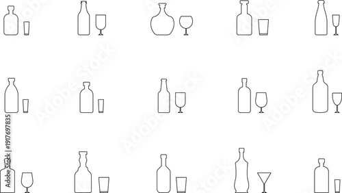 Glass Bottle icons set. Shot glass, tumbler, mug, wine glass, flute and bottle vector black silhouette collection. Drink glasses. Alcoholic cocktails icons set for restaurant, pub, bar logo