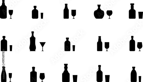 Glass Bottle icons set. Shot glass, tumbler, mug, wine glass, flute and bottle vector black silhouette collection. Drink glasses. Alcoholic cocktails icons set for restaurant, pub, bar logo