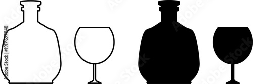 Glass Bottle icons set. Shot glass, tumbler, mug, wine glass, flute and bottle vector black silhouette collection. Drink glasses. Alcoholic cocktails icons set for restaurant, pub, bar logo