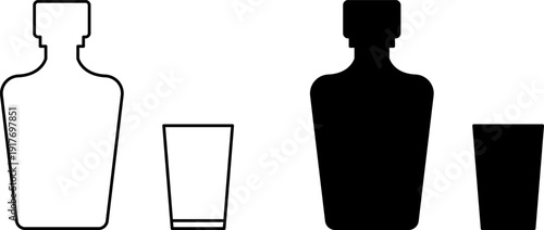 Glass Bottle icons set. Shot glass, tumbler, mug, wine glass, flute and bottle vector black silhouette collection. Drink glasses. Alcoholic cocktails icons set for restaurant, pub, bar logo