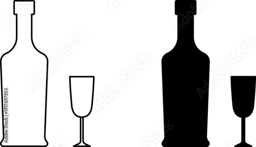 Glass Bottle icons set. Shot glass, tumbler, mug, wine glass, flute and bottle vector black silhouette collection. Drink glasses. Alcoholic cocktails icons set for restaurant, pub, bar logo