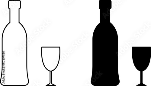 Glass Bottle icons set. Shot glass, tumbler, mug, wine glass, flute and bottle vector black silhouette collection. Drink glasses. Alcoholic cocktails icons set for restaurant, pub, bar logo