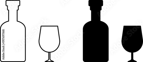 Glass Bottle icons set. Shot glass, tumbler, mug, wine glass, flute and bottle vector black silhouette collection. Drink glasses. Alcoholic cocktails icons set for restaurant, pub, bar logo