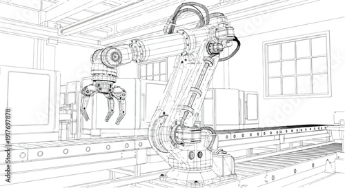 Industrial robotic arm factory assembly sketch