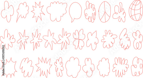 collection of doodle-style outline shapes, often used as stickers or design elements. 
