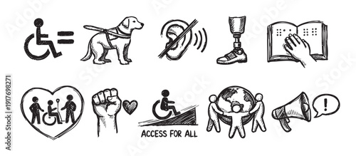 A set of hand drawn icons representing disability awareness and accessibility, ideal for websites, presentations, and social media promoting inclusion and understanding.