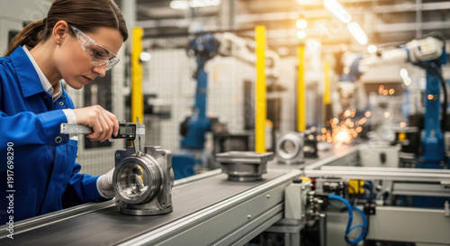 Woman inspecting mechanical component in modern manufacturing facility