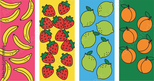 Colorful Fruit Panels Featuring Bananas, Strawberries, Lemons, and Peaches Against Bright Backgrounds for Playful, Educational, and Creative Design Inspiration
