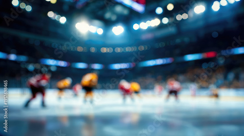 Blurred bokeh background of hockey arena, match, blurred players and fans, out-of-focus stadium, rink, sport, game