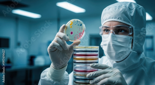 Scientist examining petri dish with colonies in lab setting