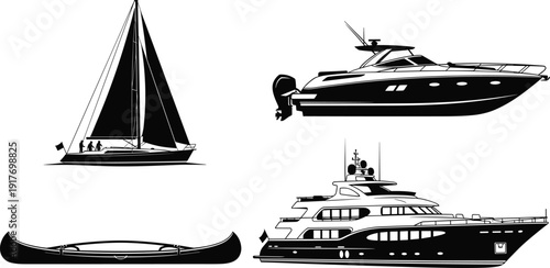 drawing flat vector illustration of boat set including luxury yacht, modern sailboat, motorboat, and canoe for marine transportation icons.