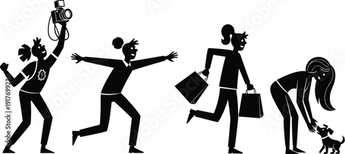 Black and white CAD drawing flat vector illustration of women silhouettes enjoying lifestyle activities like photography, running, shopping, and playing with a dog.