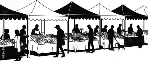 drawing flat vector illustration of outdoor farmers market featuring vendors, customers, fresh produce stalls, canopy tents, and street shopping.
