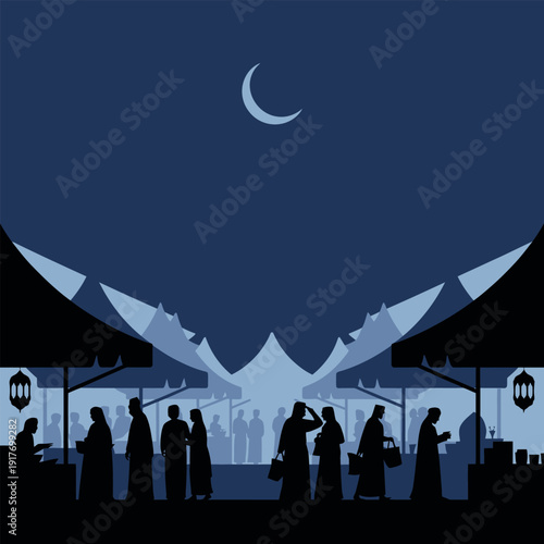 Ramadan Market Scene With Crescent Moon And Silhouetted People